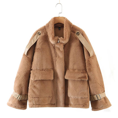 xakxx Winter Coat Women Faux Fur Coat Fashion Lapel Thick Loose Zipper Women's Jacket Causal Female Coat