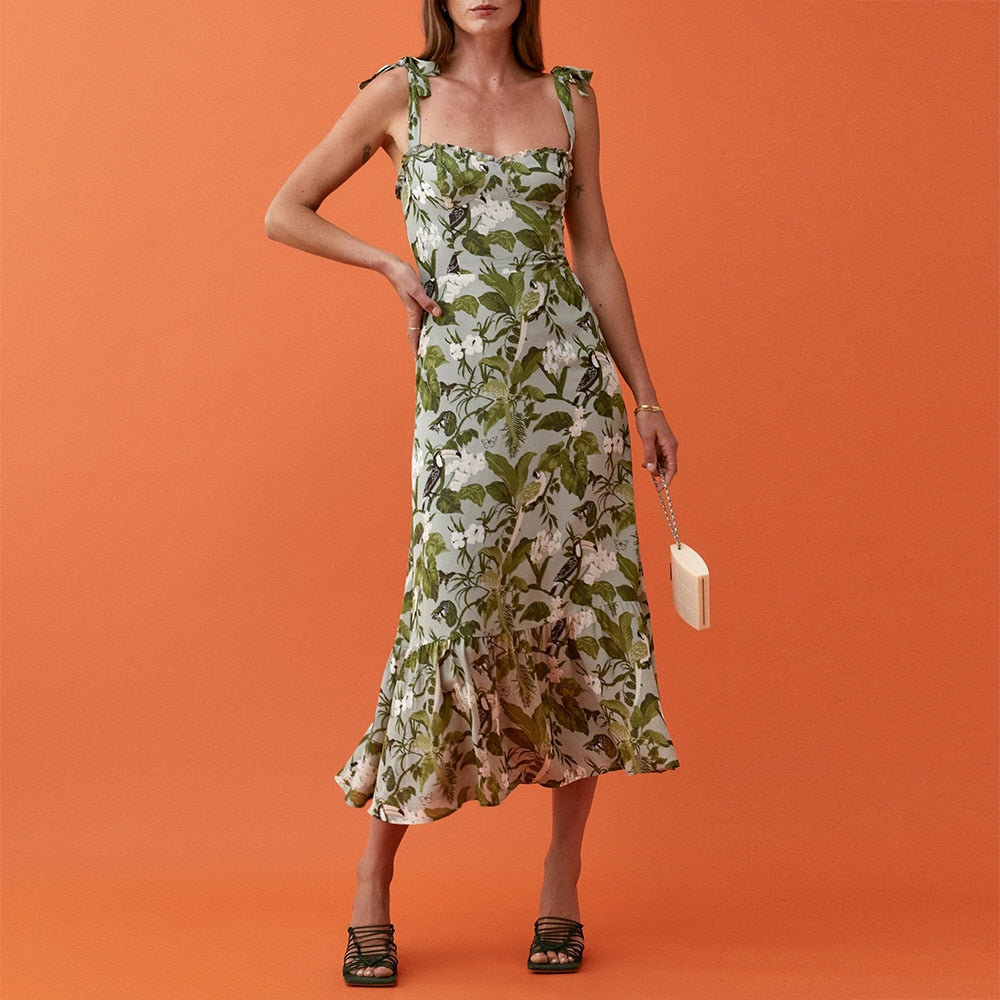 xakxx Dresses For Women Party Elegant Ruffle Hem Beach Summer Dress Sweetheart Neck Tie Strap Tropical Print Chiffon Midi Dress