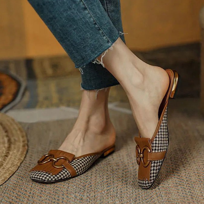 xakxx Fall Outfit Women's Slippers Retro Houndstooth Tassel Casual Shoes For Woman Summer Outdoor Ladies Slides Metal Buckle Low Heel Sandals