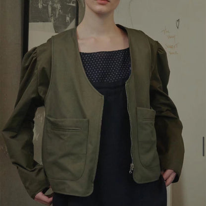 xakxx Autumn Fashion Jackets High Quality Women Vintage Prints Front Zip Long Sleeve Casual Loose Tops Coat Ladies Green Jacket