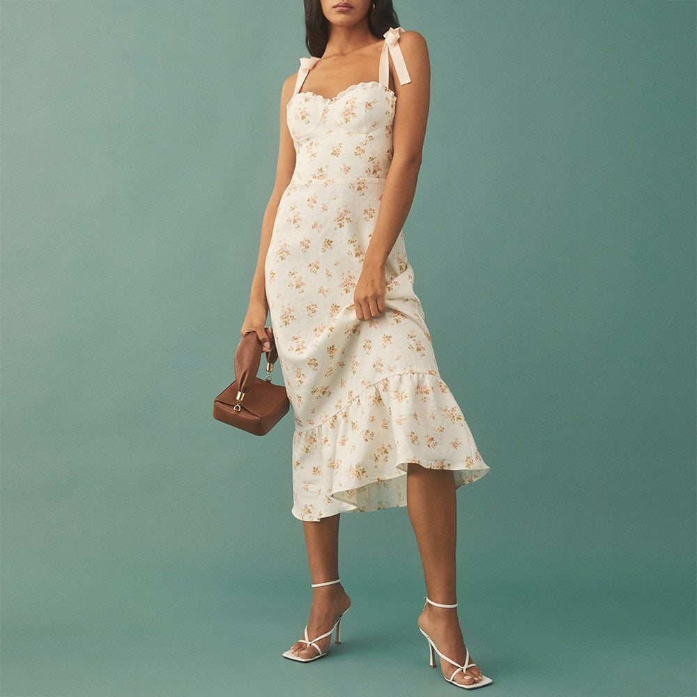 xakxx Dresses For Women Party Elegant Ruffle Hem Beach Summer Dress Sweetheart Neck Tie Strap Tropical Print Chiffon Midi Dress