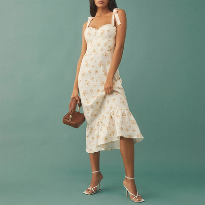 xakxx Dresses For Women Party Elegant Ruffle Hem Beach Summer Dress Sweetheart Neck Tie Strap Tropical Print Chiffon Midi Dress