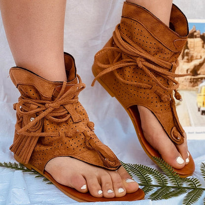 xakxx Women Retro Clip Toe Sandals Ladies Gladiator Vintage Boots Casual Tassel Rome Summer Beach Woman Shoes Female New
