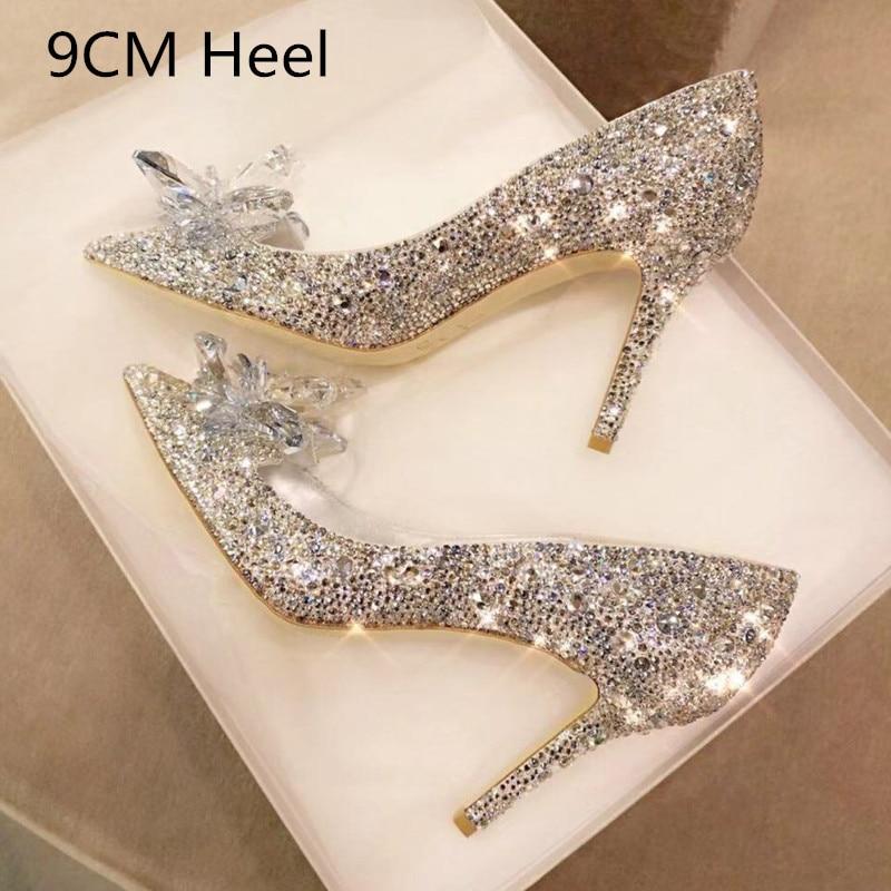 xakxx  Newest  Cinderella Shoes Rhinestone High Heels Women Pumps Pointed toe Woman Crystal Party Wedding Shoes 5cm/7cm/9cm-1