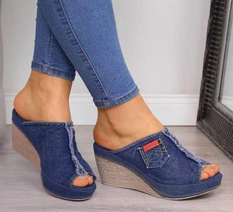 xakxx Women Sandals New Female Shoes Woman Summer Wedge Comfortable Ladies Slip-on Flat Sandalias Denim Platform Wedges   High Heel