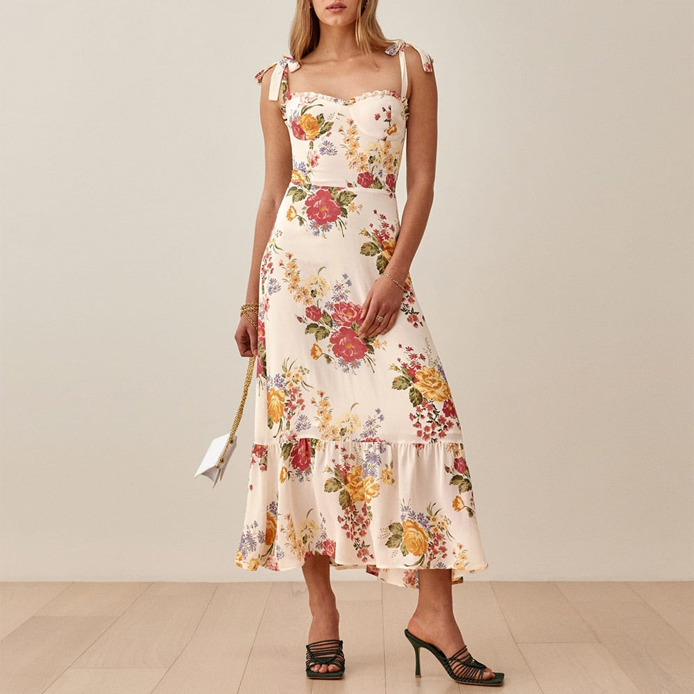 xakxx Dresses For Women Party Elegant Ruffle Hem Beach Summer Dress Sweetheart Neck Tie Strap Tropical Print Chiffon Midi Dress