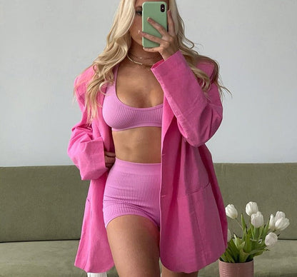 xakxx Women Fashion Loose Blazer Mujer Double Pockets Single Breasted Chic Suit Jacket Ladies Green Streetwear Outerwear