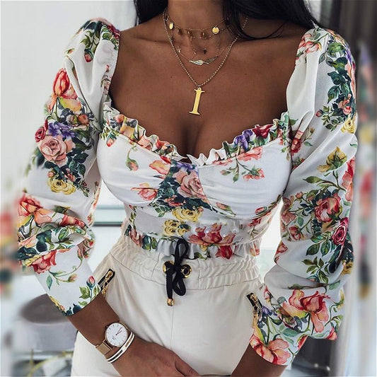 xakxx Women Puff Sleeve Crop Tops Blouses  Summer Autumn Long Sleeve Square Neck Vintage Shirts Corset Floral Elegant Tops Female