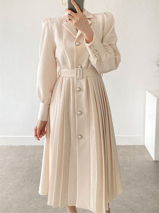 xakxx Elegant Women Spring Notched Collar Suit  Single-Breasted Office Lady Full Sleeve High Waist Female Pleated Midi Dress