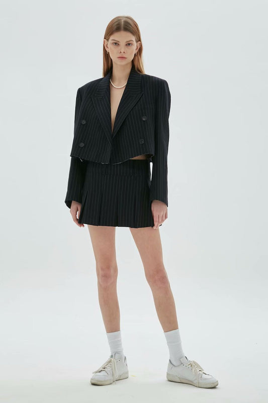 xakxx 2 Pieces Sets Women Fashion Office Stripe Cropped Blazers Jackets And High Wasit Mini Skirts Casual Chic Women Sets