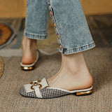 xakxx Fall Outfit Women's Slippers Retro Houndstooth Tassel Casual Shoes For Woman Summer Outdoor Ladies Slides Metal Buckle Low Heel Sandals