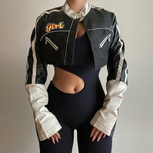 xakxx Faux Leather Biker Jackets Women Patchwork Long Sleeve Zipper Cropped Coats Streetwear Autumn Punk PU Outerwear New
