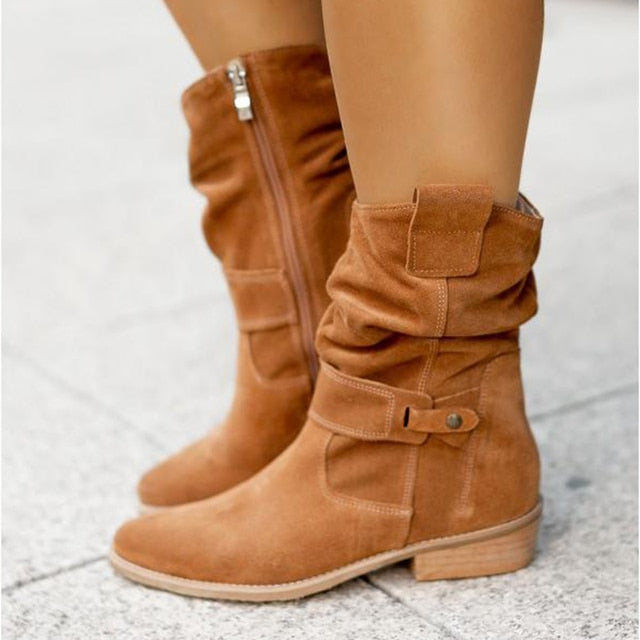 xakxx Thanksgiving Women Knee High Boots Solid Color Suede Lady Flats Winter Warm Comfortable Female Shoes Point Toe Zipper Low Heel Tall Boot