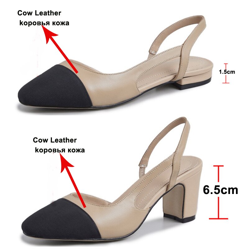 xakxx Low Heels Real Leather Slingbacks Shoes Women Square Toe Pumps Thick Heel Shoes Brand Design Lady Footwear Size 40