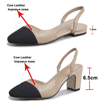 xakxx Low Heels Real Leather Slingbacks Shoes Women Square Toe Pumps Thick Heel Shoes Brand Design Lady Footwear Size 40