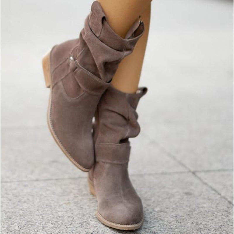 xakxx Winter Warm Women Boots Vintage Suede Shoes Lady Buckle Mid-Calf Boot Thick Low Heel Zipper Female Pointed Booties Outdoor