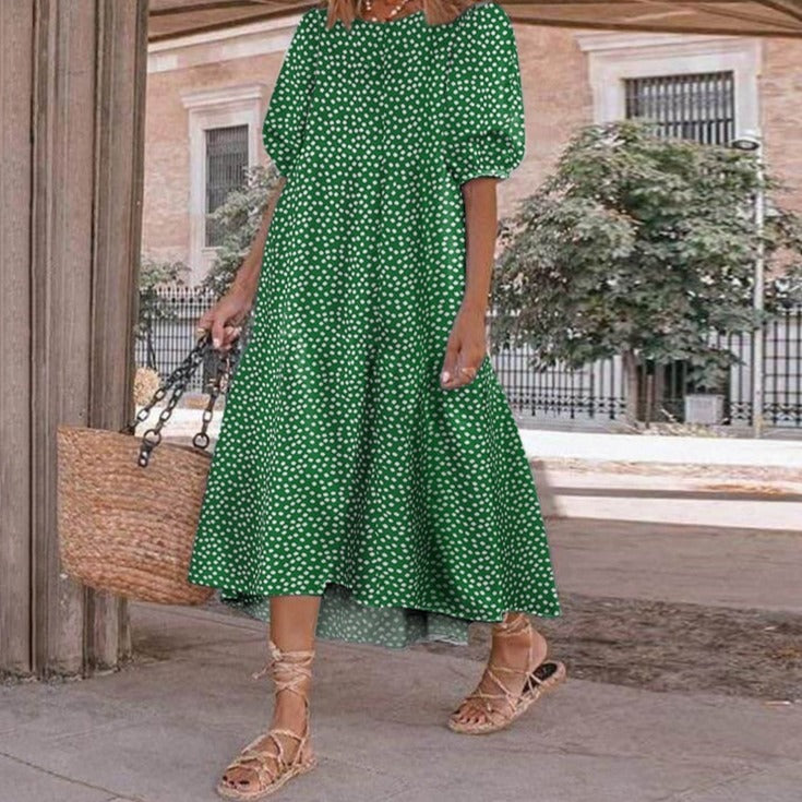 xakxx Summer Dress  Women Casual Short Sleeve Plaid Printed Sundress Loose Pleated Mid-Calf Dresses Femme Party Robe
