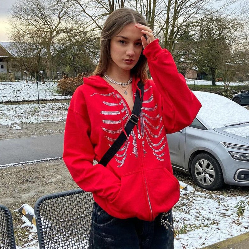 xakxx Y2K Rhinestone Skeleton Zip Up Hoodies Women Oversized Sweatshirts Winter Grunge Gothic Black Hooded Female Jackets Streetwear