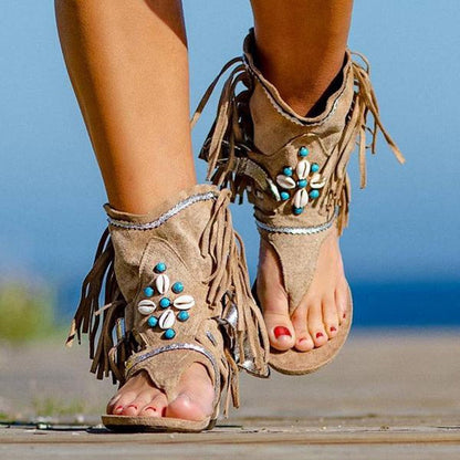 xakxx Women Retro Clip Toe Sandals Ladies Gladiator Vintage Boots Casual Tassel Rome Summer Beach Woman Shoes Female New