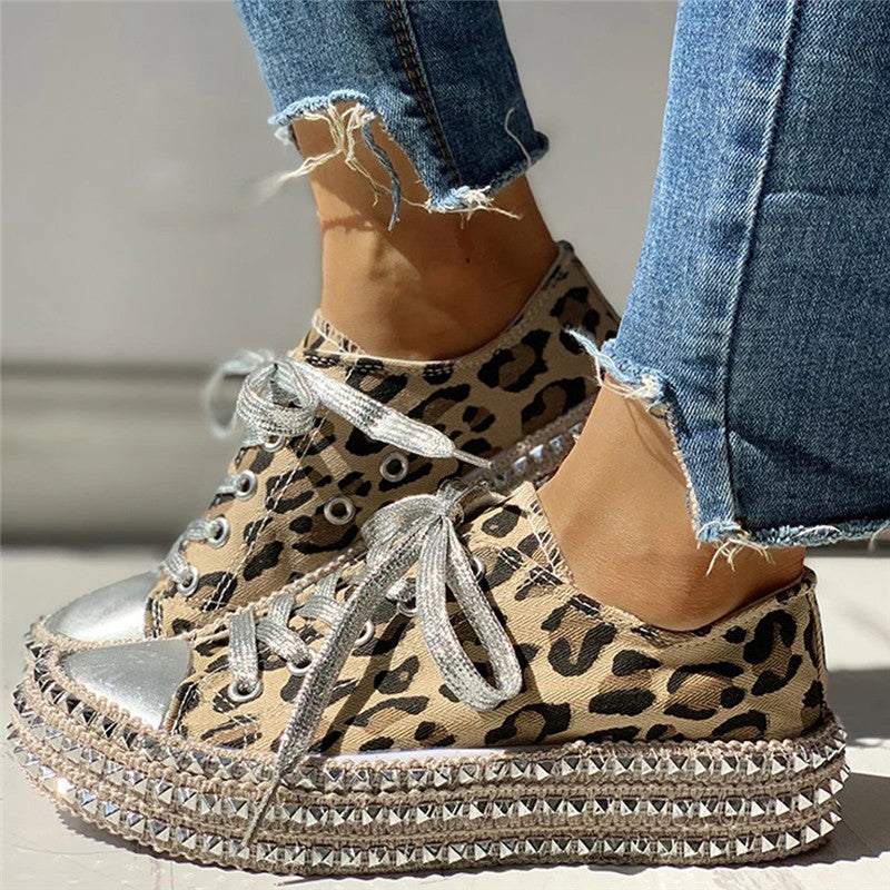 xakxx Women Sneakers Leopard Rivets Shoes Women Canvas Shoes Leisure Lace-Up Low High Top Sneakers Basket Femme Big Size Women Shoes