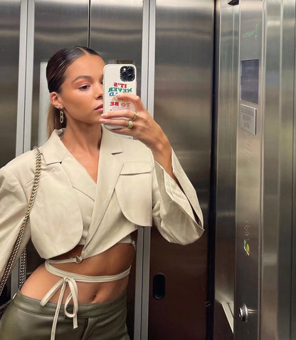 xakxx Gray Double Layer Bandage Slim Blazer Women Long Sleeve Pocket Short Jacket Female Notched Collar Outwear Tops New