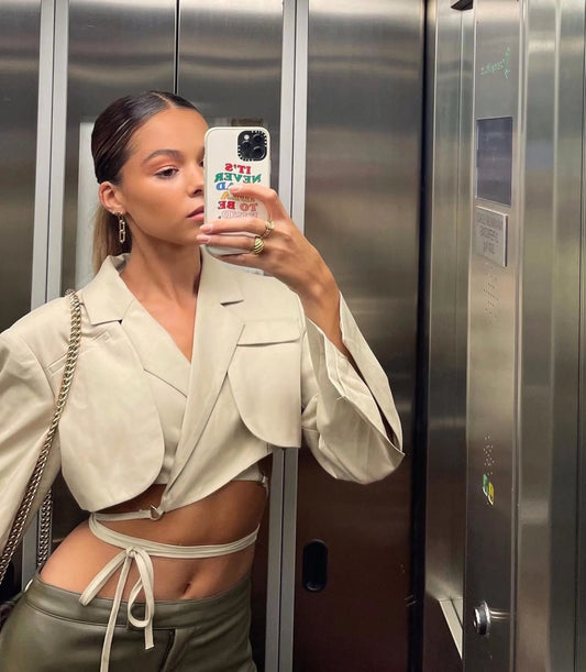 xakxx Gray Double Layer Bandage Slim Blazer Women Long Sleeve Pocket Short Jacket Female Notched Collar Outwear Tops New