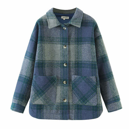 xakxx Vintage Chic Plaid Pockets Jackets Women Fashion Turn-Down Collar Buttons Autumn Winter Thick Coat Female Outerwear