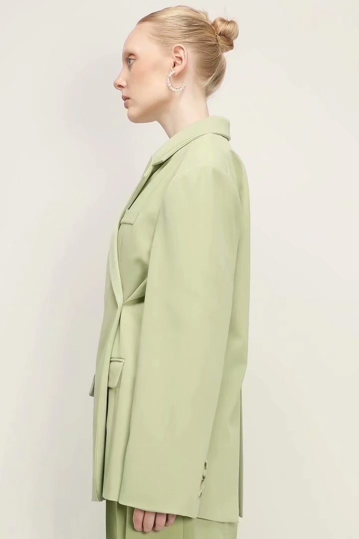 xakxx Women's Autumn Fashion Grass Green Blazer Ladies Chic Buttoned Top Retro Long Sleeve Lapel Casual Jacket