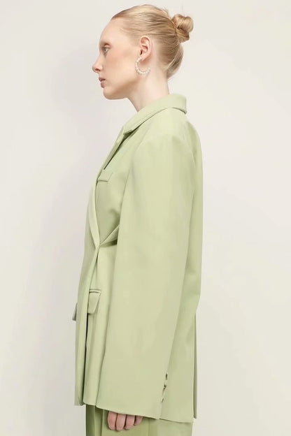 xakxx Women's Autumn Fashion Grass Green Blazer Ladies Chic Buttoned Top Retro Long Sleeve Lapel Casual Jacket