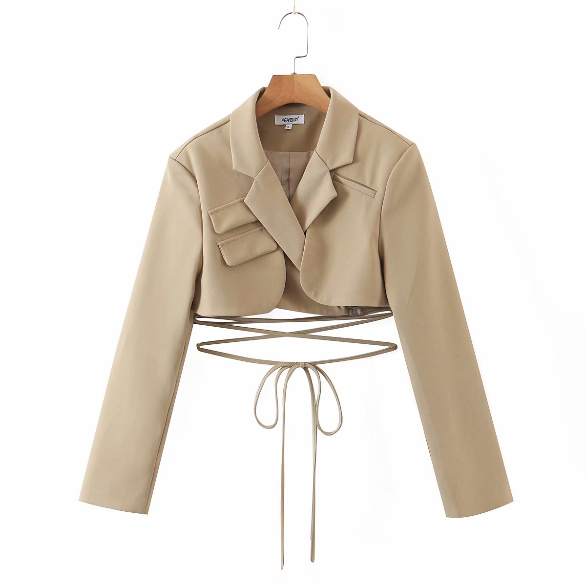 xakxx Gray Double Layer Bandage Slim Blazer Women Long Sleeve Pocket Short Jacket Female Notched Collar Outwear Tops New