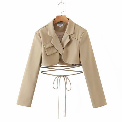 xakxx Gray Double Layer Bandage Slim Blazer Women Long Sleeve Pocket Short Jacket Female Notched Collar Outwear Tops New