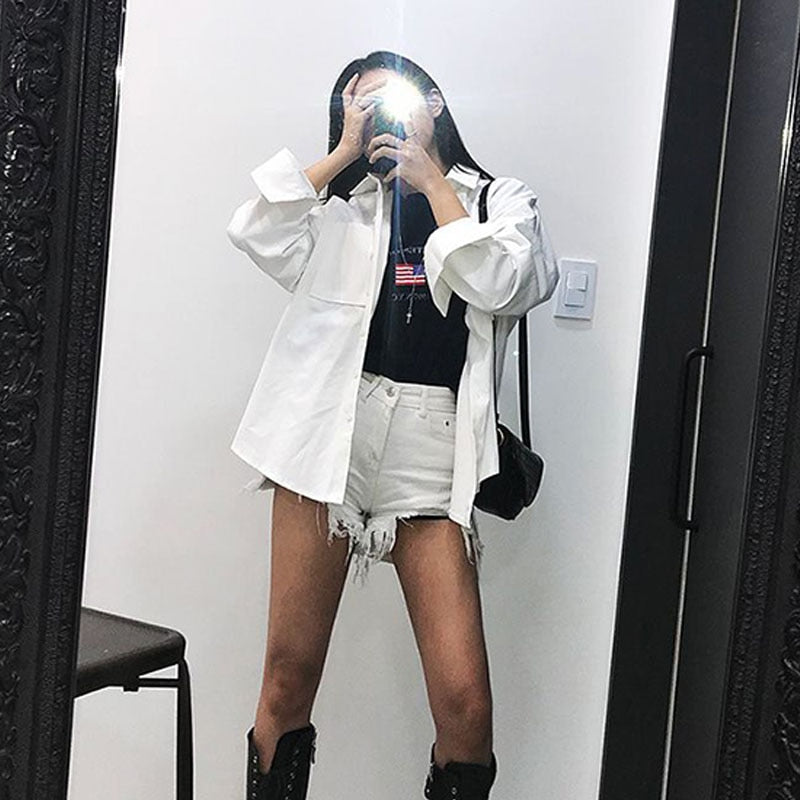 xakxx Thanksgiving Autumn New Korean Casual Solid Color Loose Double Pocket Shirt Casual Women Solid Cotton Long Sleeve Blouse Blusas Mujer 1281