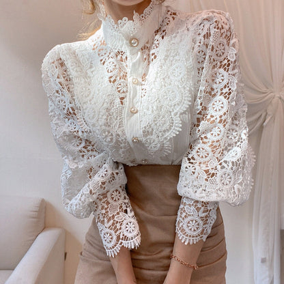 Women Sexy Lace Patchwork Hollow Out T-Shirt Long Sleeve Crew Neck Button Mesh Design Tops Spring Fashion White Vintage T Shirts