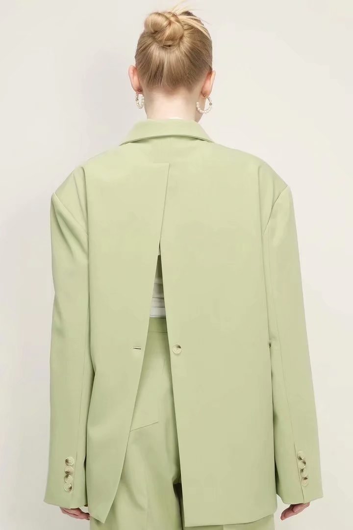 xakxx Women's Autumn Fashion Grass Green Blazer Ladies Chic Buttoned Top Retro Long Sleeve Lapel Casual Jacket