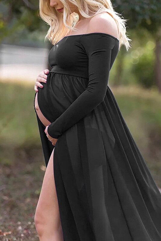 xakxx Long Tail Maternity Dresses Photography Props V-Neck Maxi Gown Cotton Dress Pregnant Women Pregnancy Autumn Photo Shoot Clothes