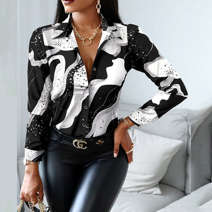 xakxx Women Fashion Shirt Lady Long Sleeve Blouse Turn-Down Collarbutton Design Print  Casual Shirts