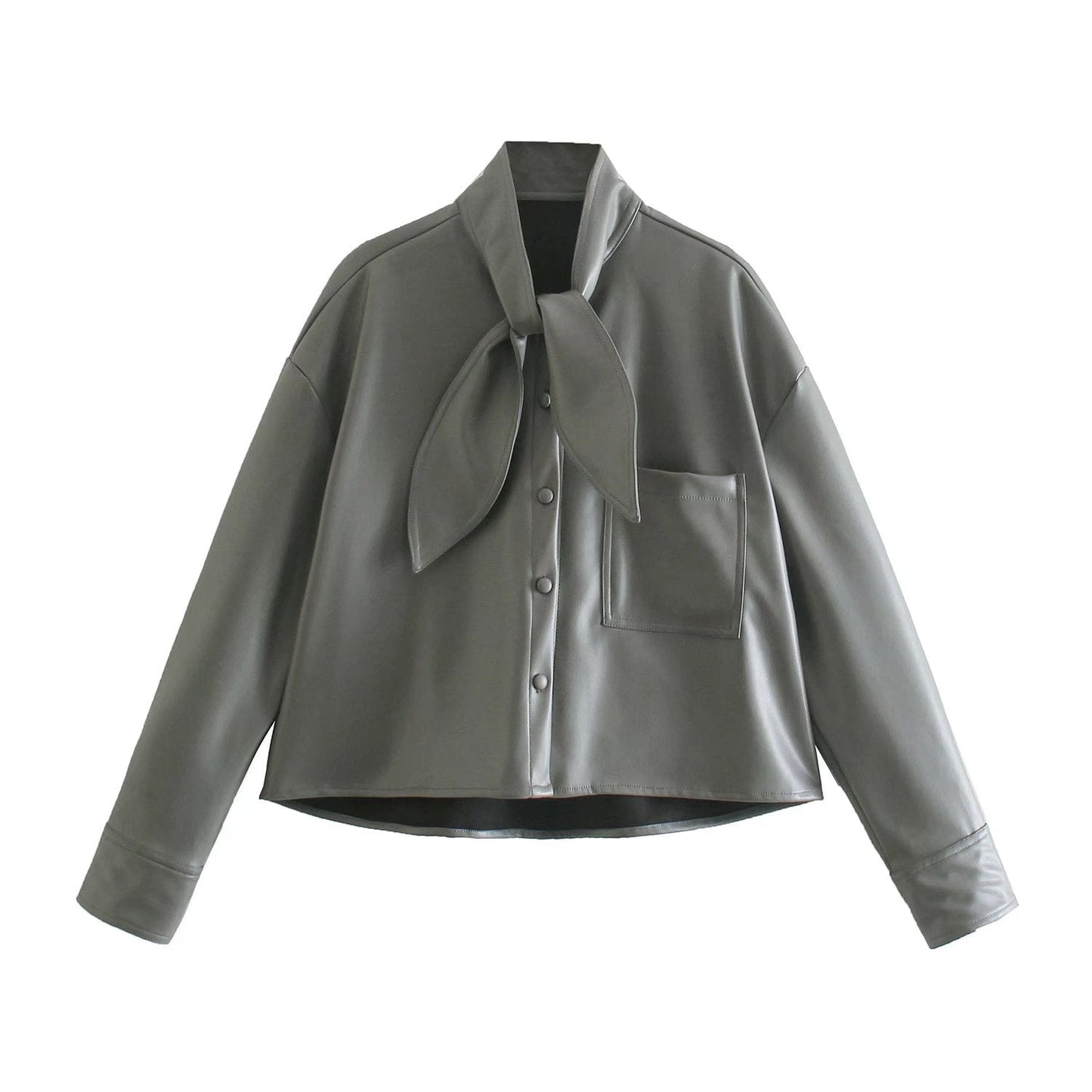 xakxx Spring Autumn New Elegant Solid Jacket Bow Tie Women Long Sleeve Jacket PU Fashion Lady Office Coat Tops
