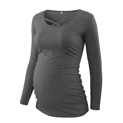 xakxx Women's Maternity Long Sleeve Pregnant Blouses Tops Flattering Side Ruching Maternity Clothes Pregnancy T-Shirt
