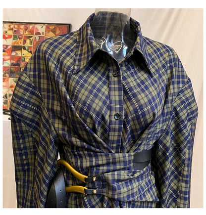 xakxx Women shirt blouse Vintage plaid shirts long women shirt Bandage Long Sleeve designer shirt women casual top plus size