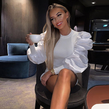 xakxx Autumn outfits  Retro Womens Long Puff Sleeve Blouse Shirts Spring Fall Black White Solid Fashion Elegant Blouses And Tops Female Clothes