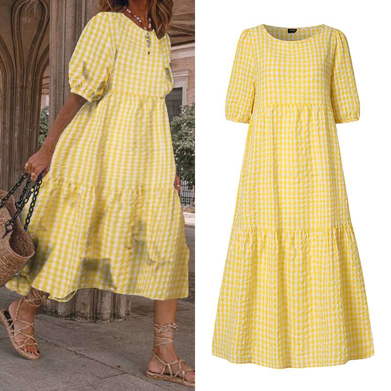 xakxx Summer Dress  Women Casual Short Sleeve Plaid Printed Sundress Loose Pleated Mid-Calf Dresses Femme Party Robe