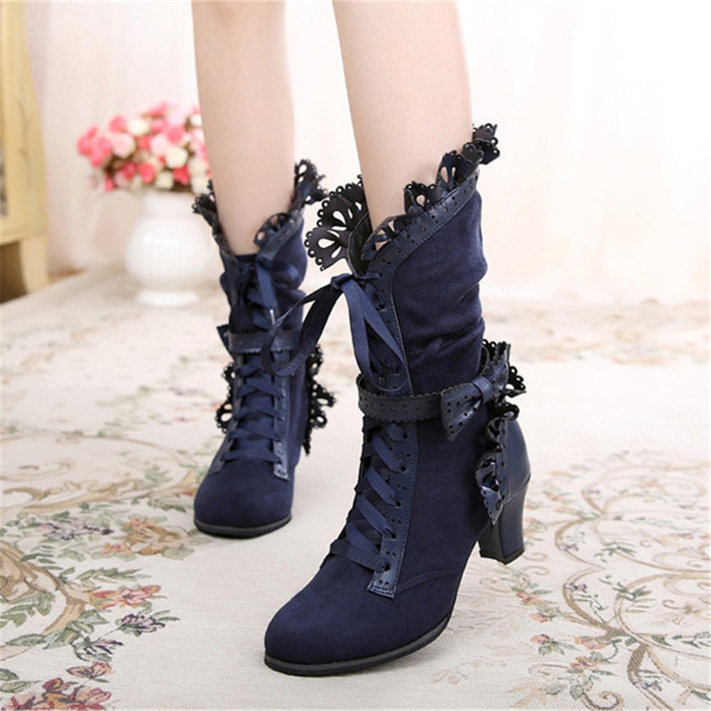 xakxx Halloween Brand New Big Size 43 Sweet Bowknot Ruffles Med Heels Shoelace Gothic Lolita Style Mid Calf Boots Women Shoes