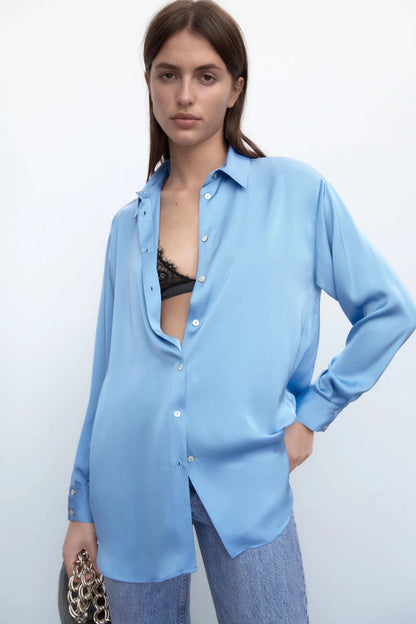 xakxx Women Fashion Loose Asymmetry Poplin Blouses Vintage Long Sleeve Button-Up Female Shirts Blusas Chic Tops