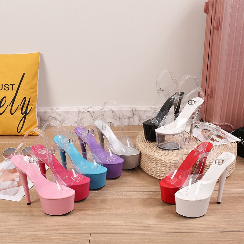 xakxx Walking Show Stripper Heels Clear Shoes Woman Platforms High Heels Sandals Women Sexy Big Yard Fish Mouth Shoes  New Crystal