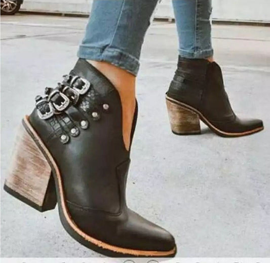 xakxx  Women Vintage Rivet Ankle Boots Pu Leather Shoes Autumn Winter Side Zipper Shoe Female Mid Heels Pointed Booties Chaussures