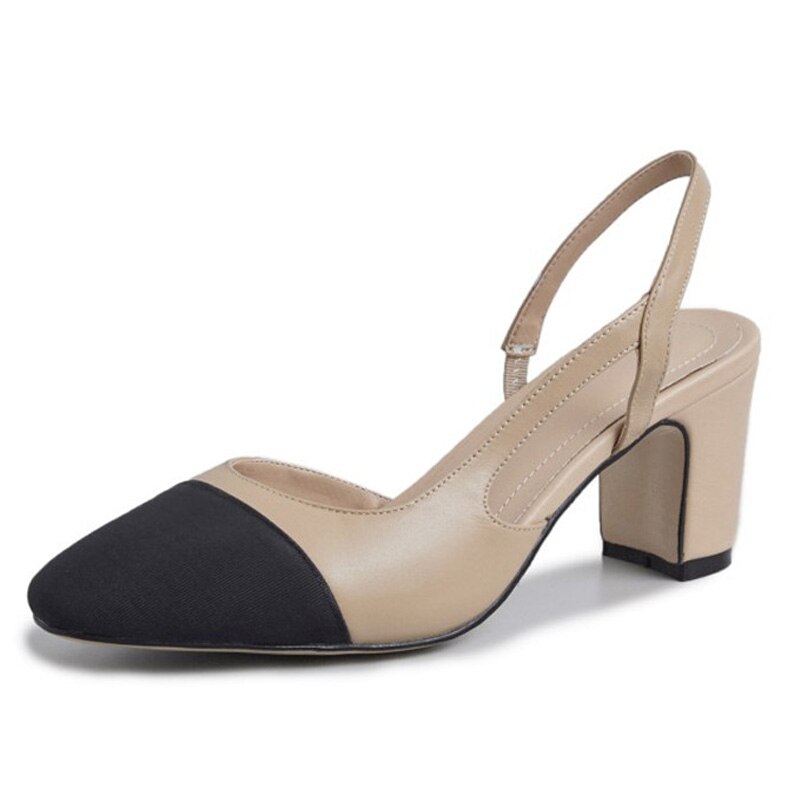 xakxx Low Heels Real Leather Slingbacks Shoes Women Square Toe Pumps Thick Heel Shoes Brand Design Lady Footwear Size 40