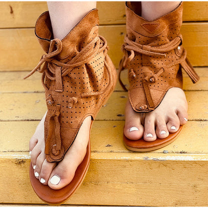 xakxx Women Retro Clip Toe Sandals Ladies Gladiator Vintage Boots Casual Tassel Rome Summer Beach Woman Shoes Female New