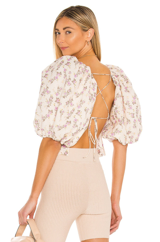 xakxx xakxx Tops Women Square Collar Tops Puff Sleeve Bow Blouse Shirt Korean Fashion Sweet Honey Peach Print Crop Top Ladies Short Blouses