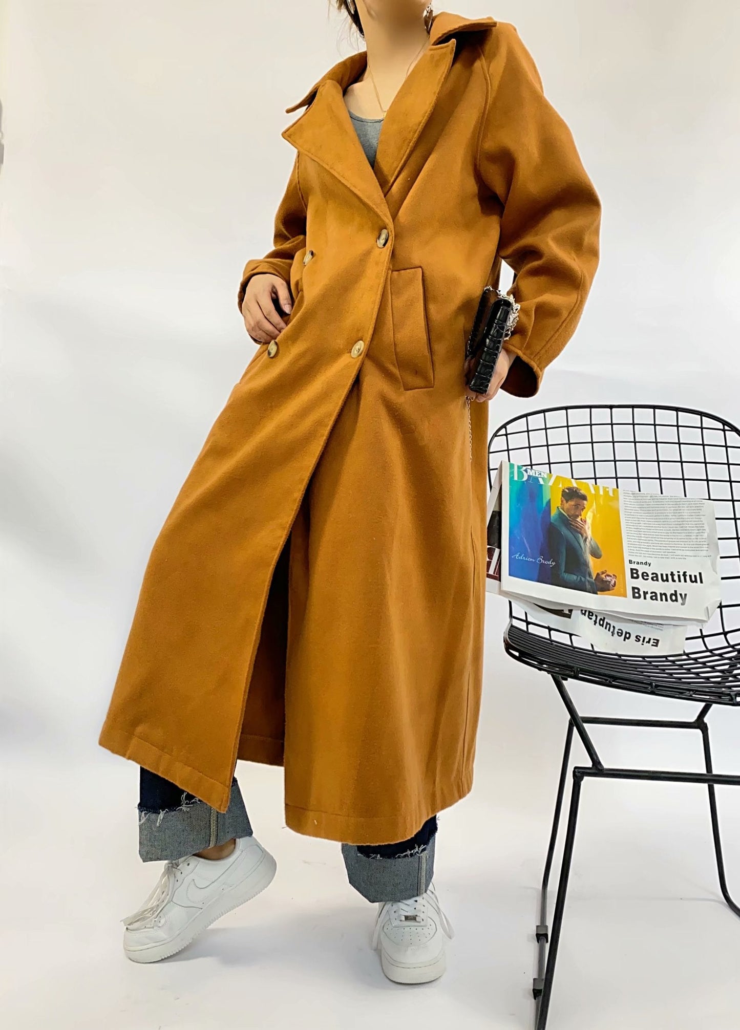 xakxx Women  Autumn New Caramel Colour Long Section Jacket Overcoat Vintage Long Sleeve Double Breasted Female Outerwear Chic Tops