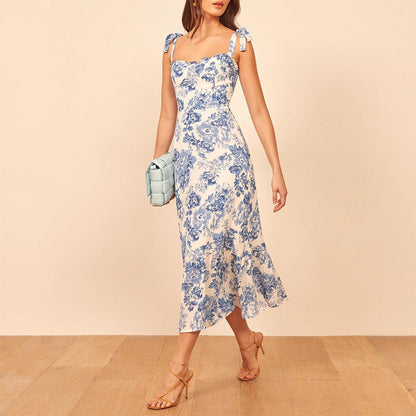 xakxx Dresses For Women Party Elegant Ruffle Hem Beach Summer Dress Sweetheart Neck Tie Strap Tropical Print Chiffon Midi Dress